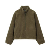 Female Solid Color Versatile Zipper Teddy Plush Sports Top